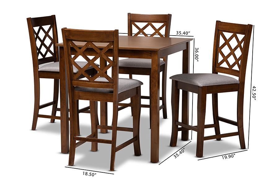 Alora Modern and Contemporary Grey Fabric Upholstered Walnut Brown Finished 5-Piece Wood Pub Set