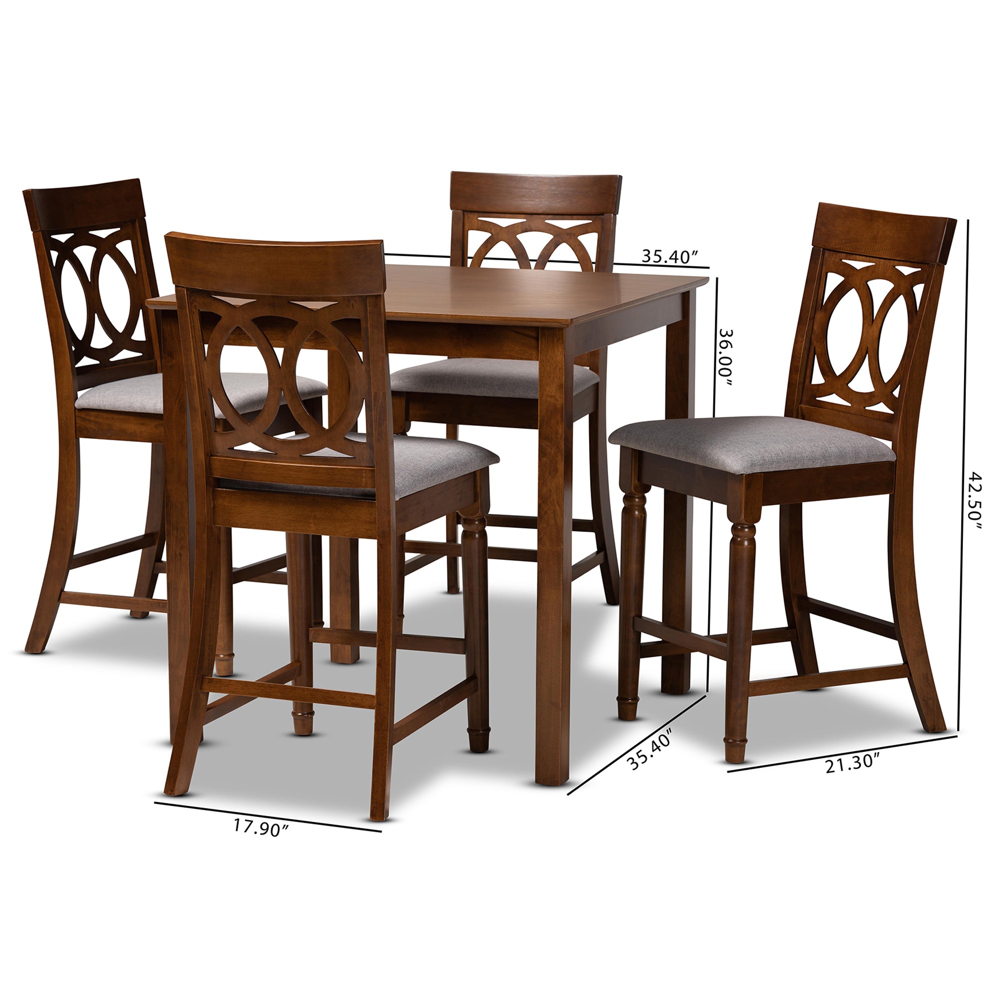Verina Modern and Contemporary Grey Fabric Upholstered Walnut Brown Finished 5-Piece Wood Pub Set