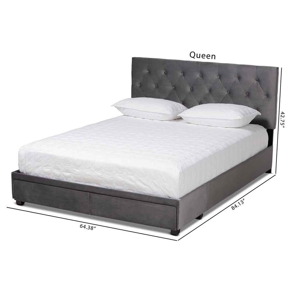 Caronia Grey Velvet Upholstered 2-Drawer Queen Size Platform Storage Bed