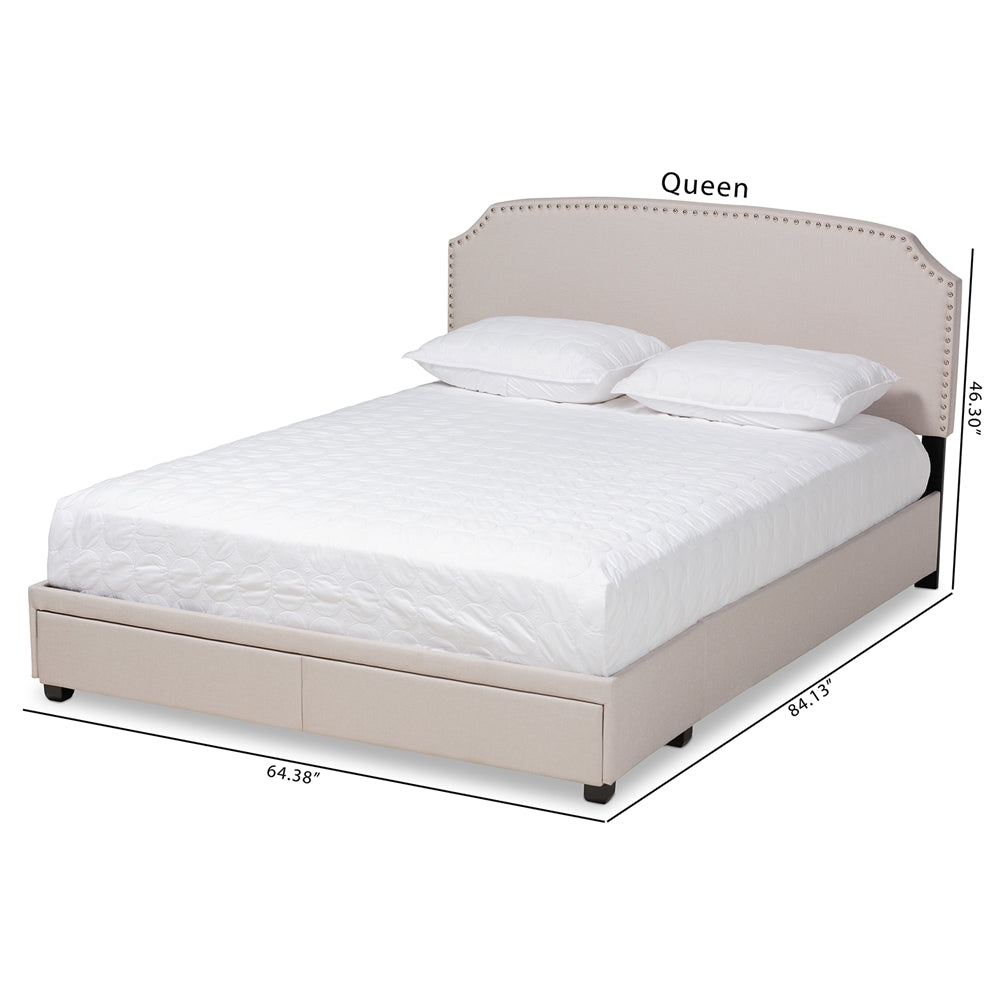 Larese Beige Fabric Upholstered 2-Drawer Queen Size Platform Storage Bed