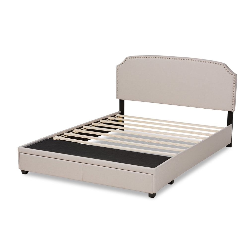 Larese Beige Fabric Upholstered 2-Drawer Queen Size Platform Storage Bed