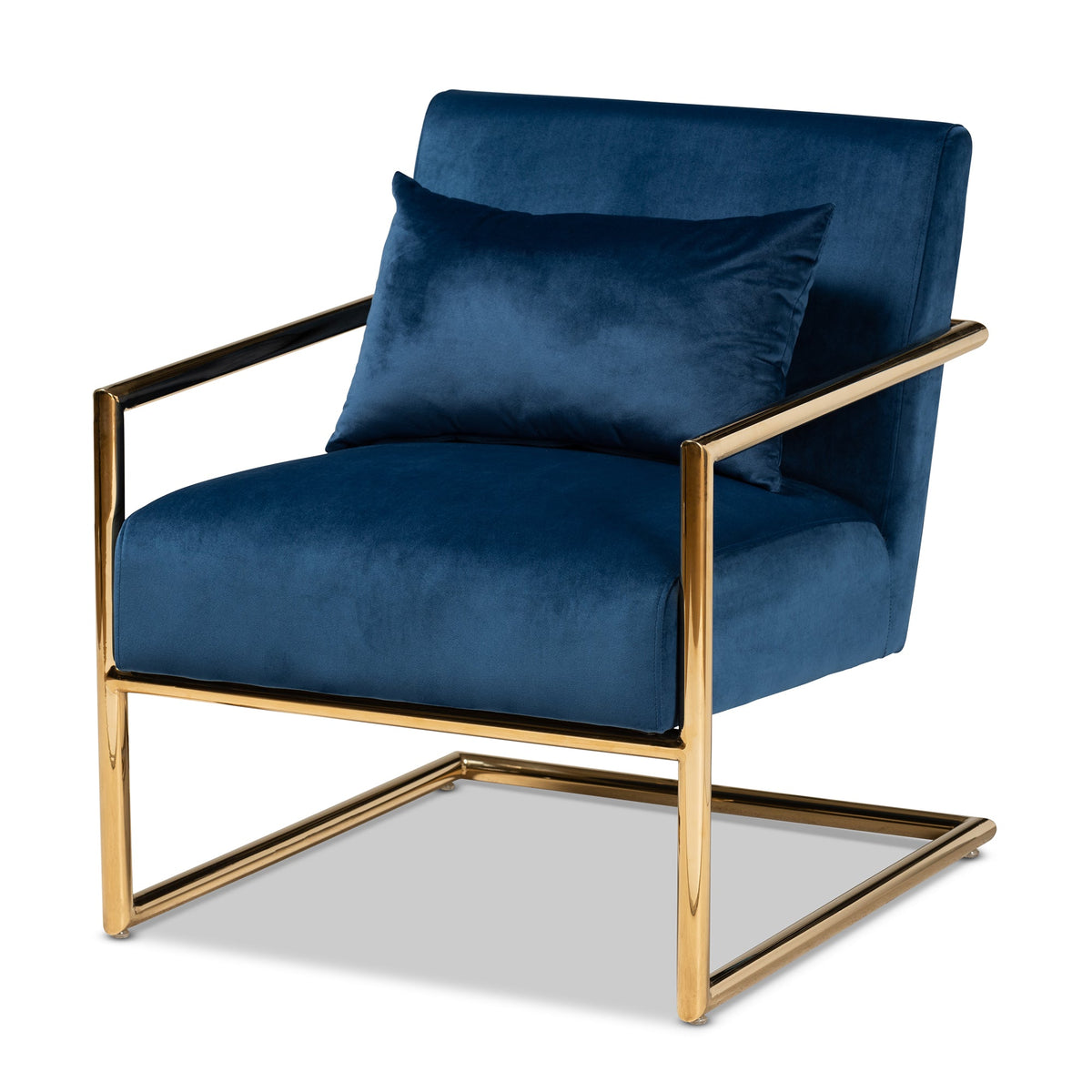 Mira Navy Blue Velvet Fabric Upholstered Gold Finished Metal Lounge Chair