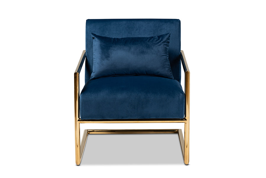 Mira Navy Blue Velvet Fabric Upholstered Gold Finished Metal Lounge Chair