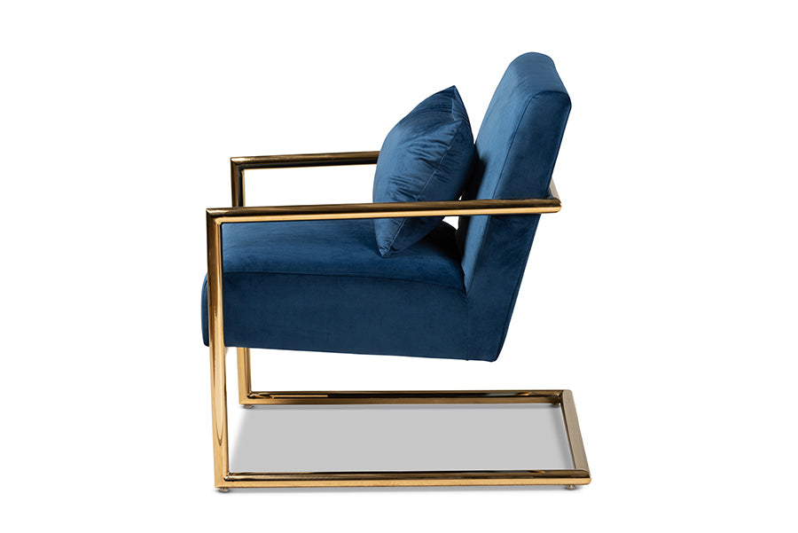 Mira Navy Blue Velvet Fabric Upholstered Gold Finished Metal Lounge Chair
