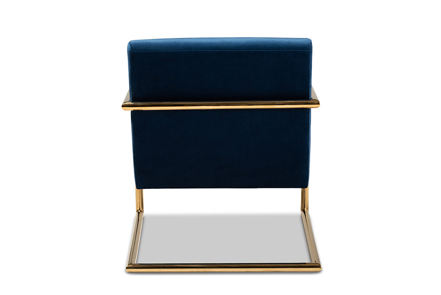 Mira Navy Blue Velvet Fabric Upholstered Gold Finished Metal Lounge Chair