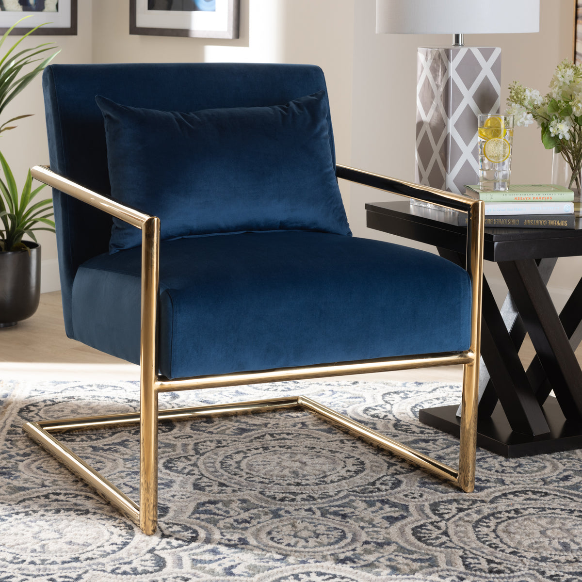 Mira Navy Blue Velvet Fabric Upholstered Gold Finished Metal Lounge Chair