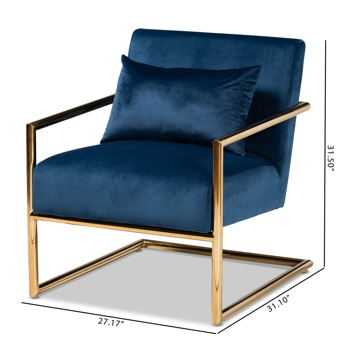 Mira Navy Blue Velvet Fabric Upholstered Gold Finished Metal Lounge Chair