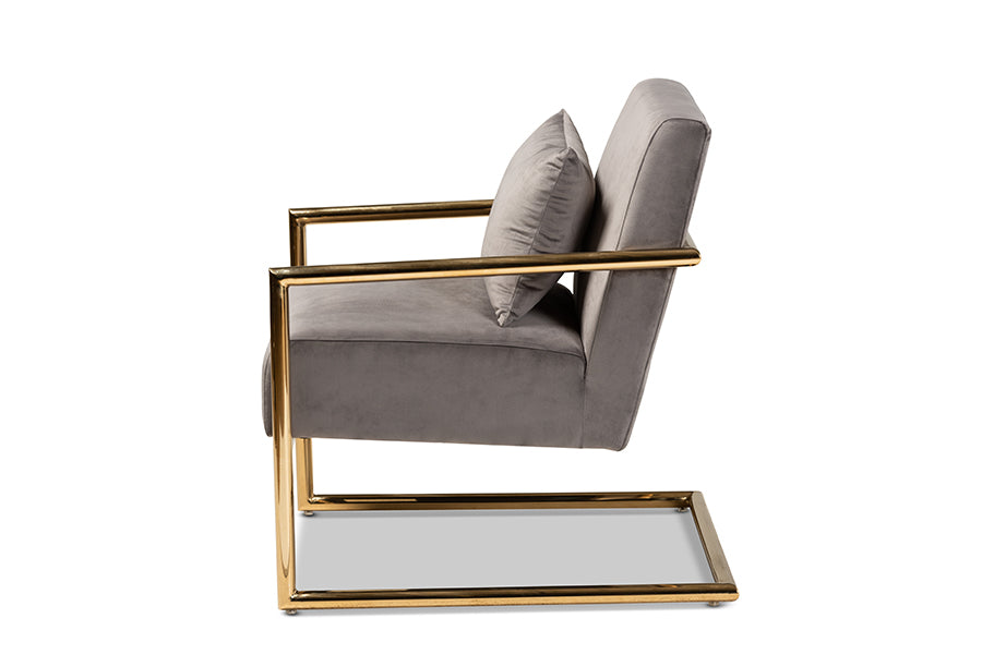 Mira Grey Velvet Fabric Upholstered Gold Finished Metal Lounge Chair