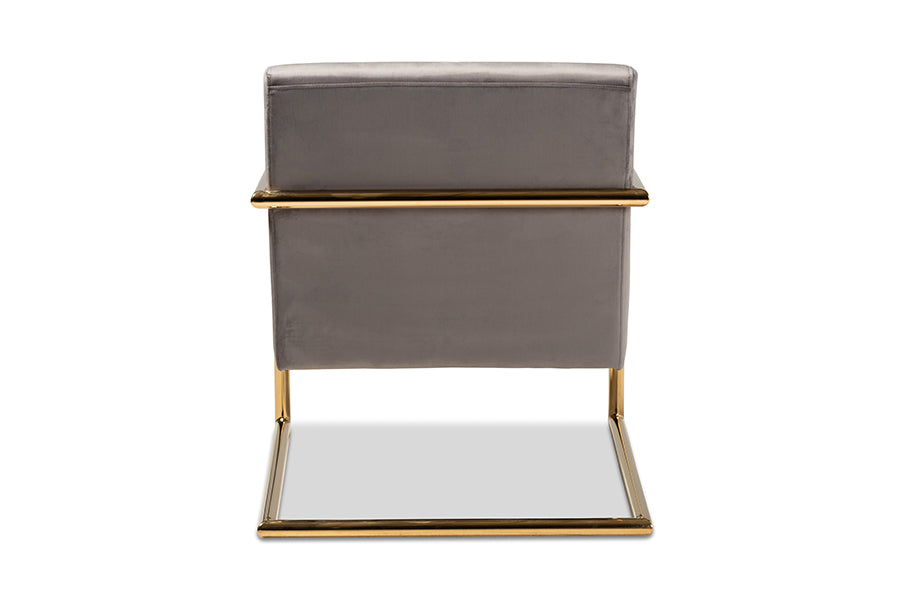 Mira Grey Velvet Fabric Upholstered Gold Finished Metal Lounge Chair