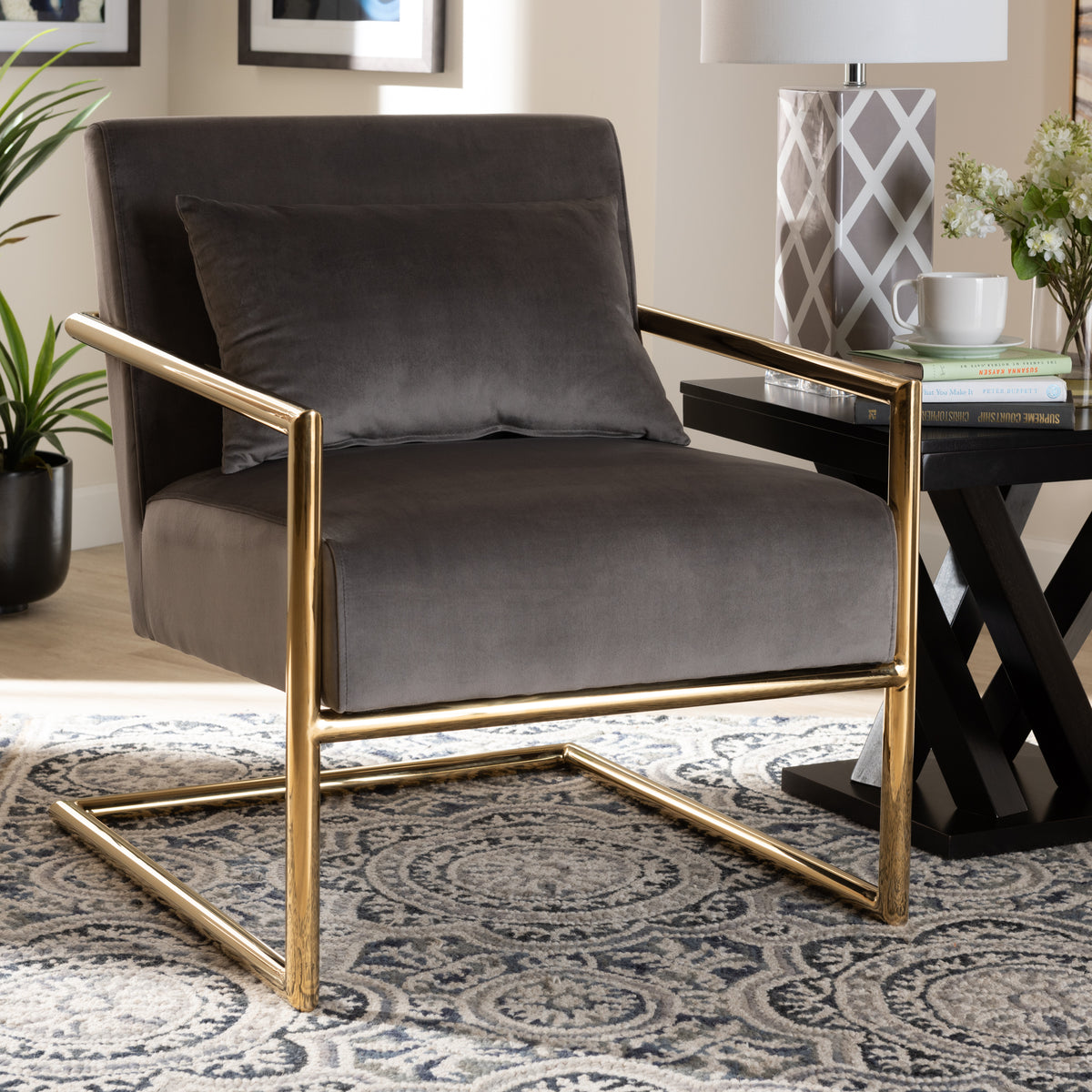 Mira Grey Velvet Fabric Upholstered Gold Finished Metal Lounge Chair