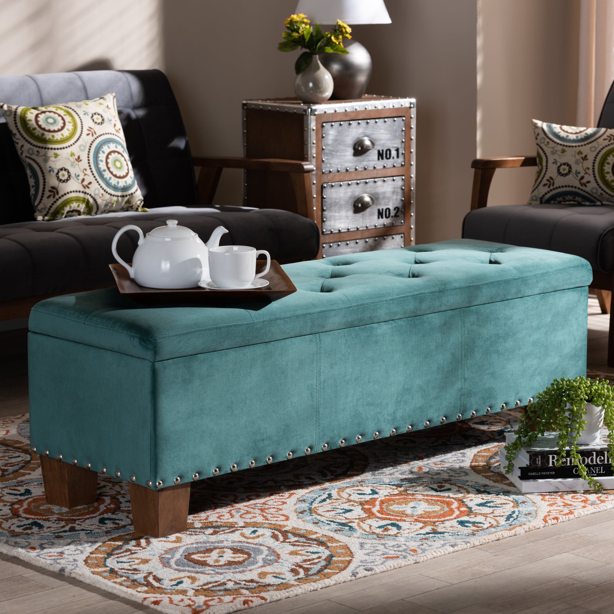 Hannah Modern and Contemporary Teal Blue Velvet Fabric Upholstered Button-Tufted Storage Ottoman Bench