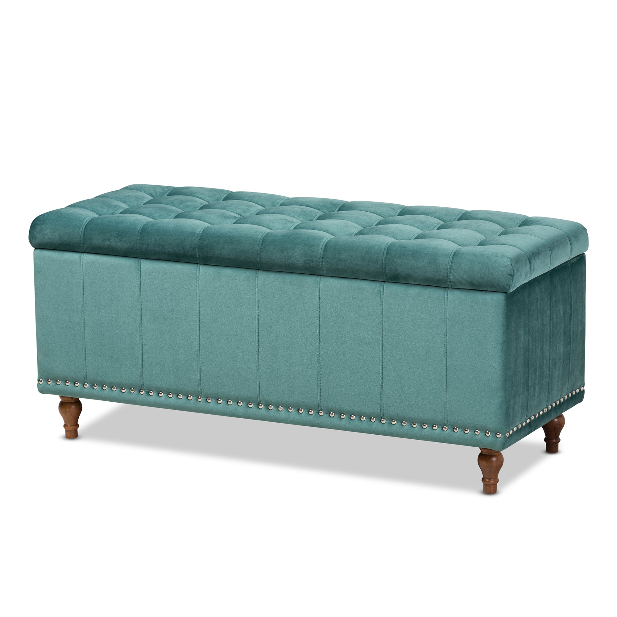 Kaylee Modern and Contemporary Teal Blue Velvet Fabric Upholstered Button-Tufted Storage Ottoman Bench