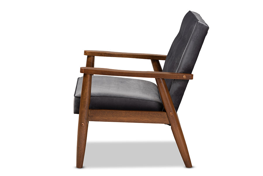 Sorrento Mid-century Modern Dark Grey Velvet Fabric Upholstered Walnut Finished Wooden Lounge Chair