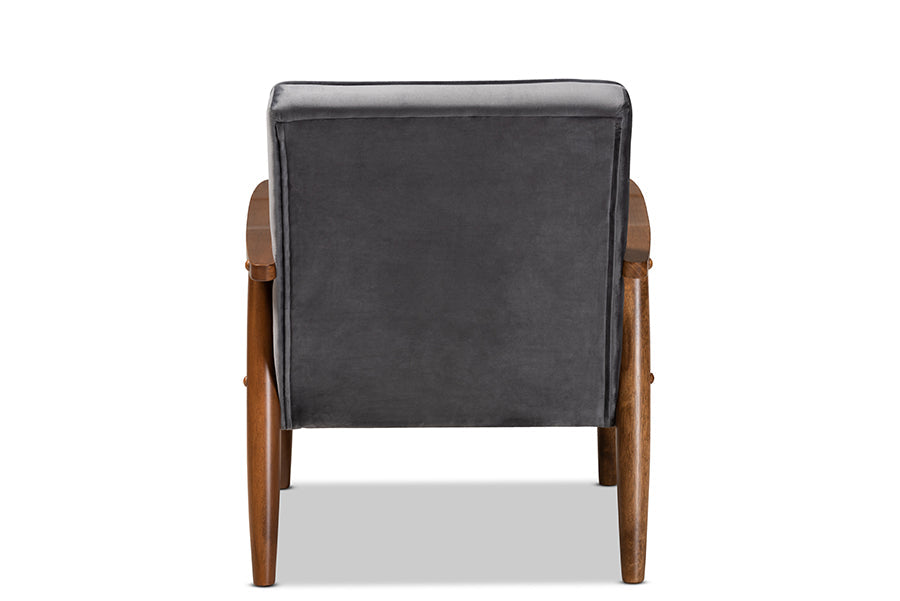 Sorrento Mid-century Modern Dark Grey Velvet Fabric Upholstered Walnut Finished Wooden Lounge Chair