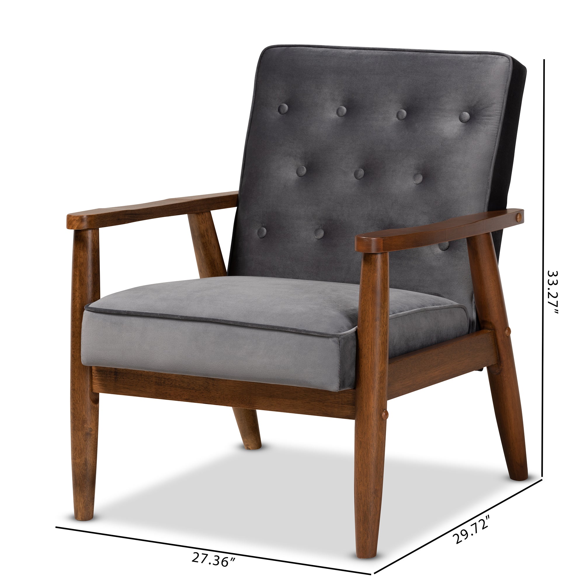 Sorrento Mid-century Modern Dark Grey Velvet Fabric Upholstered Walnut Finished Wooden Lounge Chair