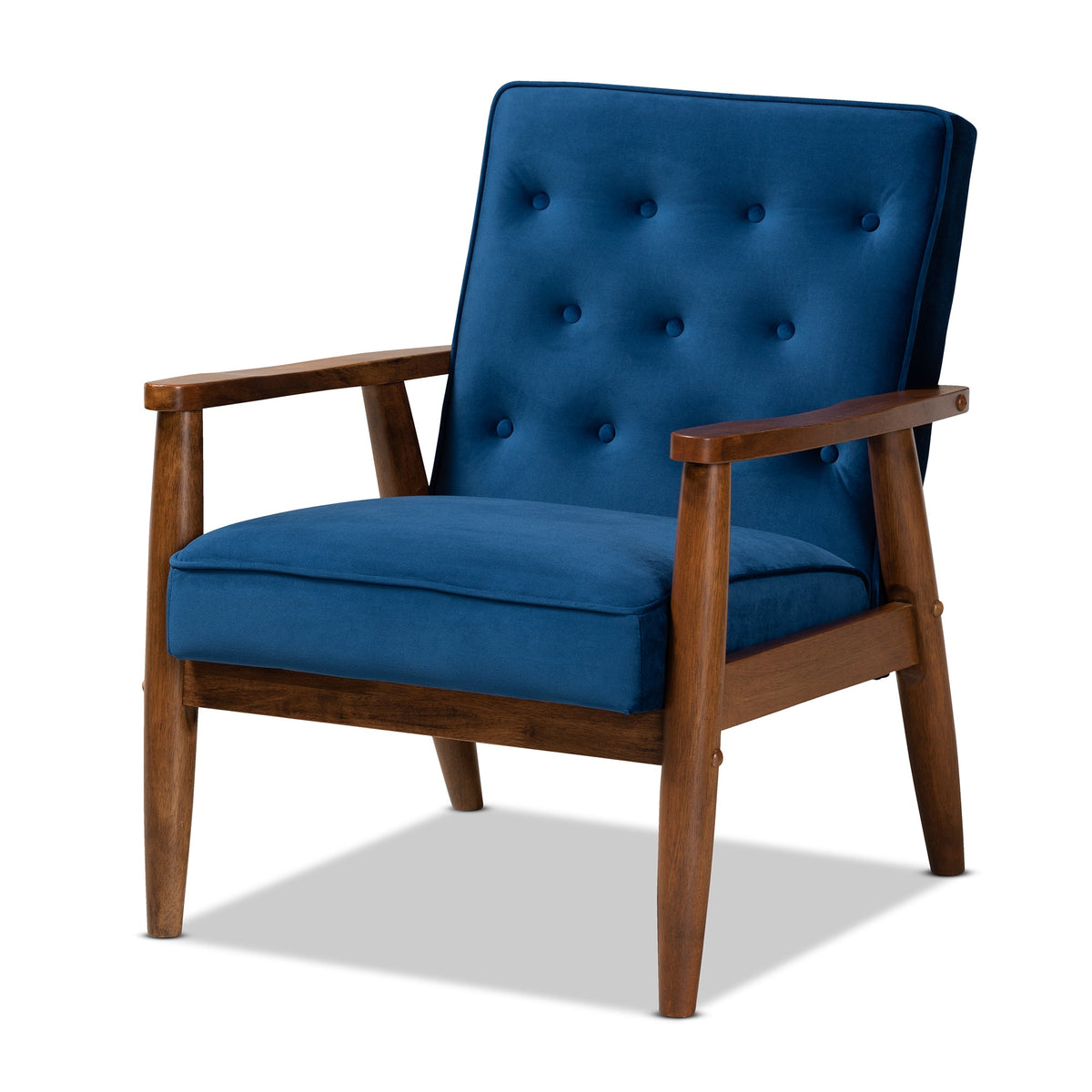 Sorrento Mid-century Modern Navy Blue Velvet Fabric Upholstered Walnut Finished Wooden Lounge Chair