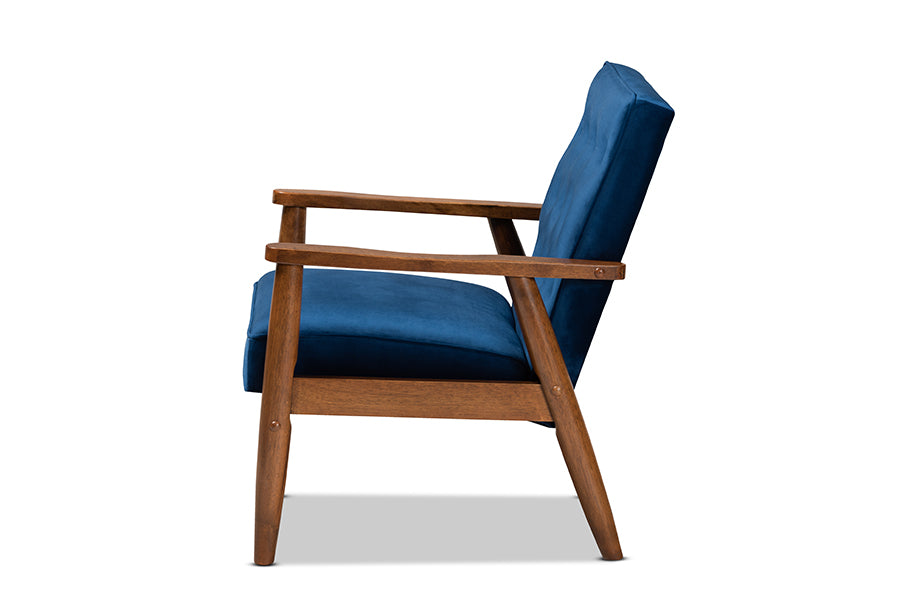 Sorrento Mid-century Modern Navy Blue Velvet Fabric Upholstered Walnut Finished Wooden Lounge Chair