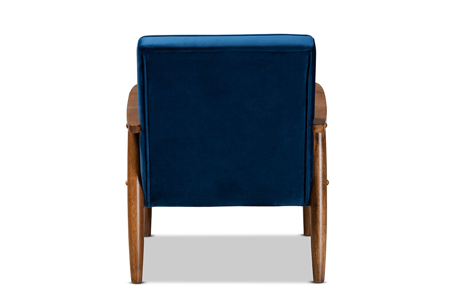 Sorrento Mid-century Modern Navy Blue Velvet Fabric Upholstered Walnut Finished Wooden Lounge Chair