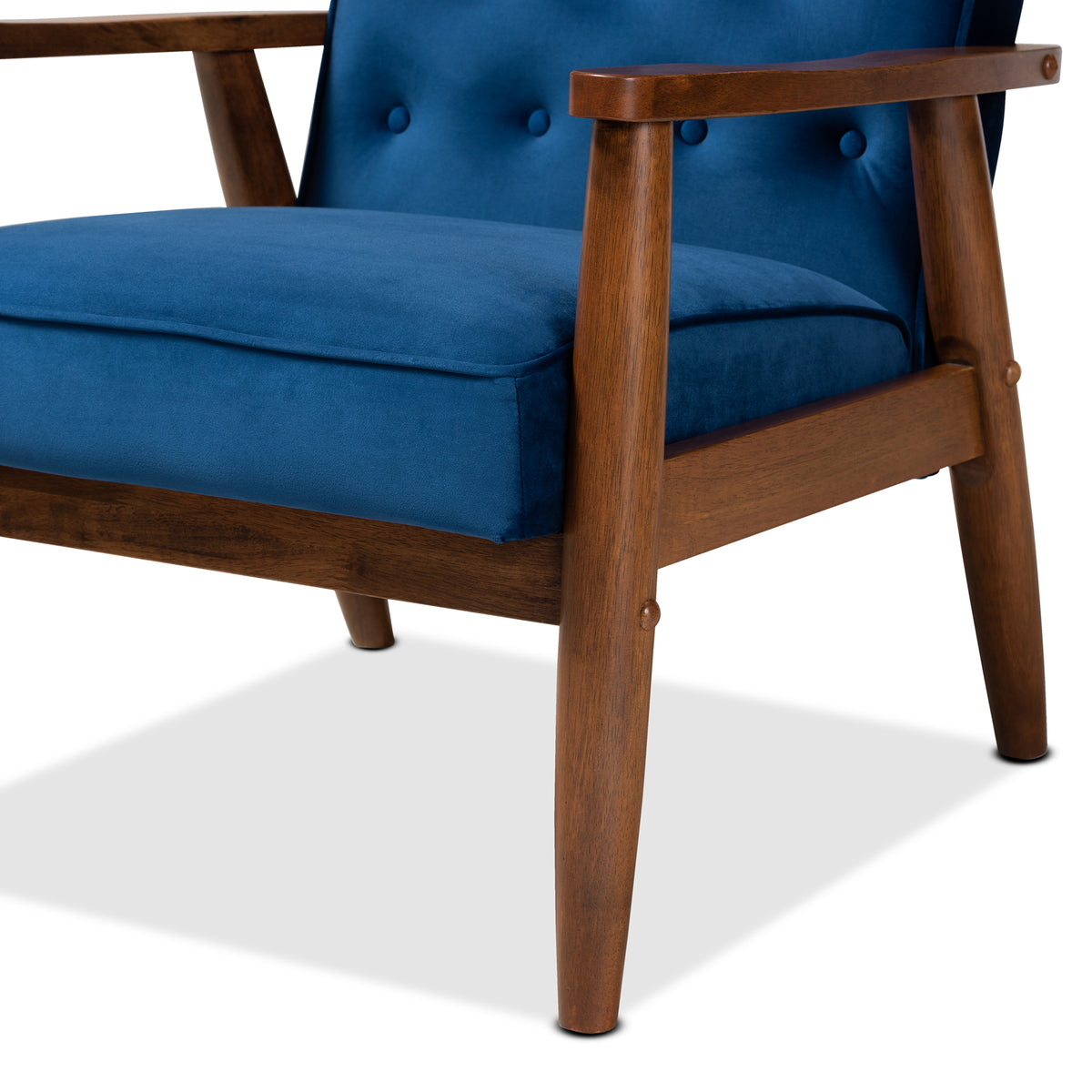 Sorrento Mid-century Modern Navy Blue Velvet Fabric Upholstered Walnut Finished Wooden Lounge Chair