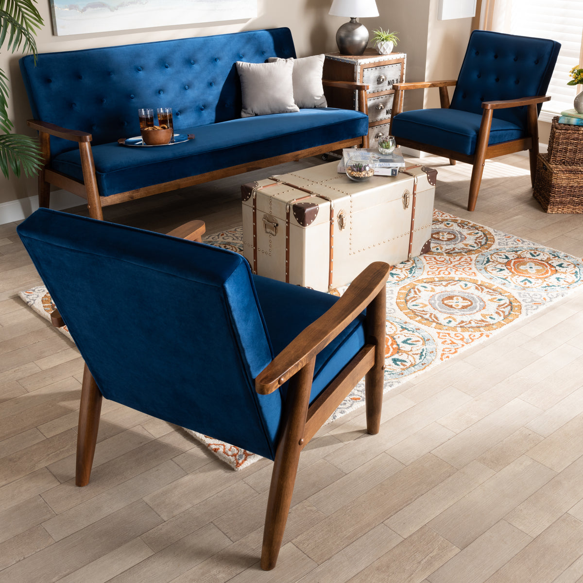 Sorrento Mid-century Modern Navy Blue Velvet Fabric Upholstered Walnut Finished 3-Piece Wooden Living Room Set