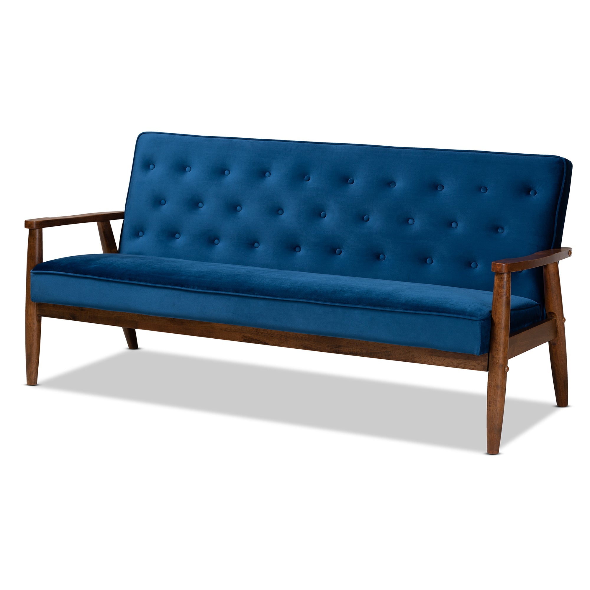 Sorrento Mid-century Modern Navy Blue Velvet Fabric Upholstered Walnut Finished Wooden 3-seater Sofa