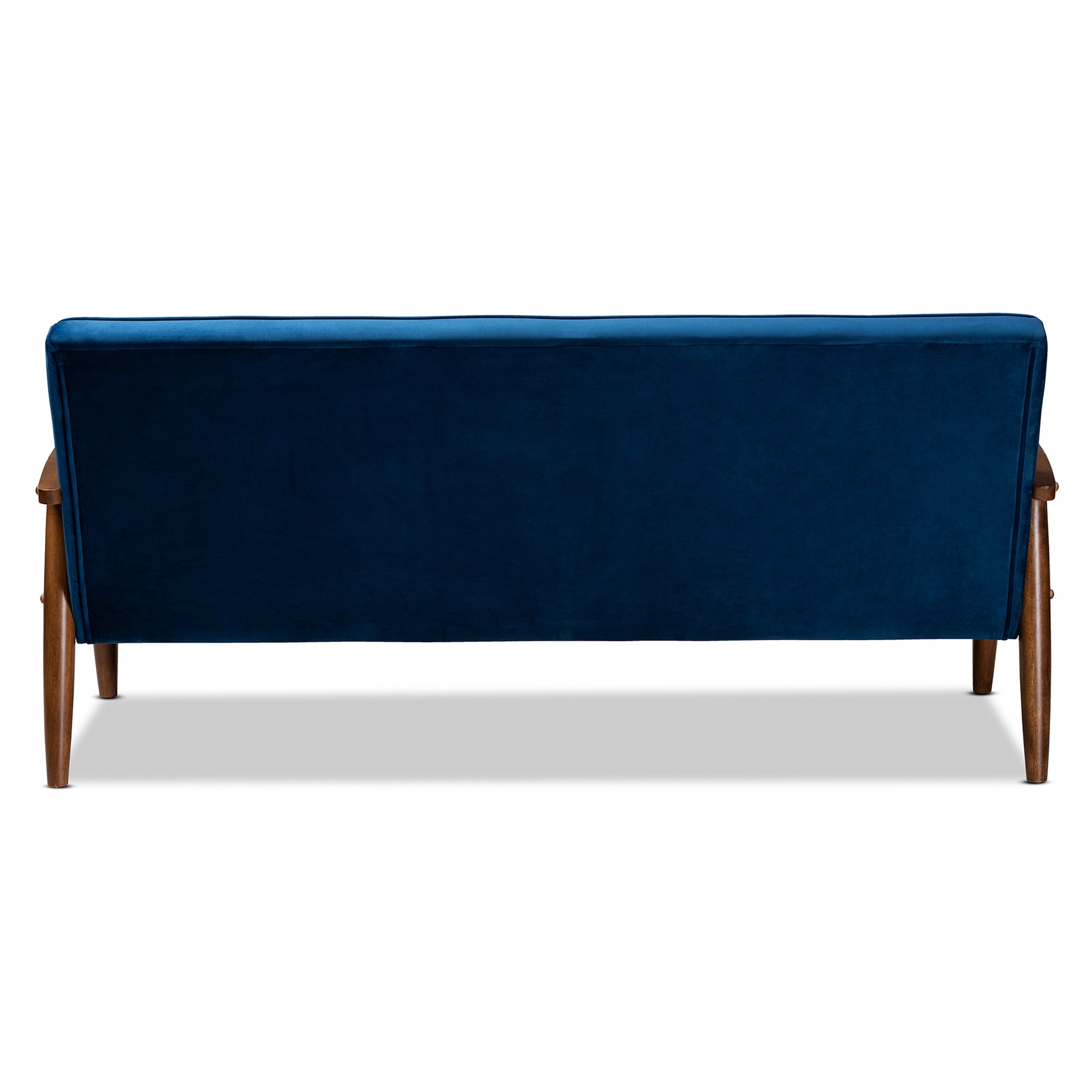 Sorrento Mid-century Modern Navy Blue Velvet Fabric Upholstered Walnut Finished Wooden 3-seater Sofa