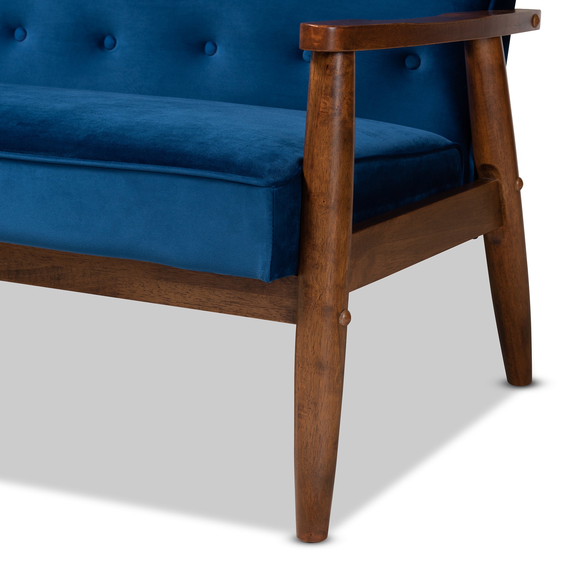 Sorrento Mid-century Modern Navy Blue Velvet Fabric Upholstered Walnut Finished Wooden 3-seater Sofa