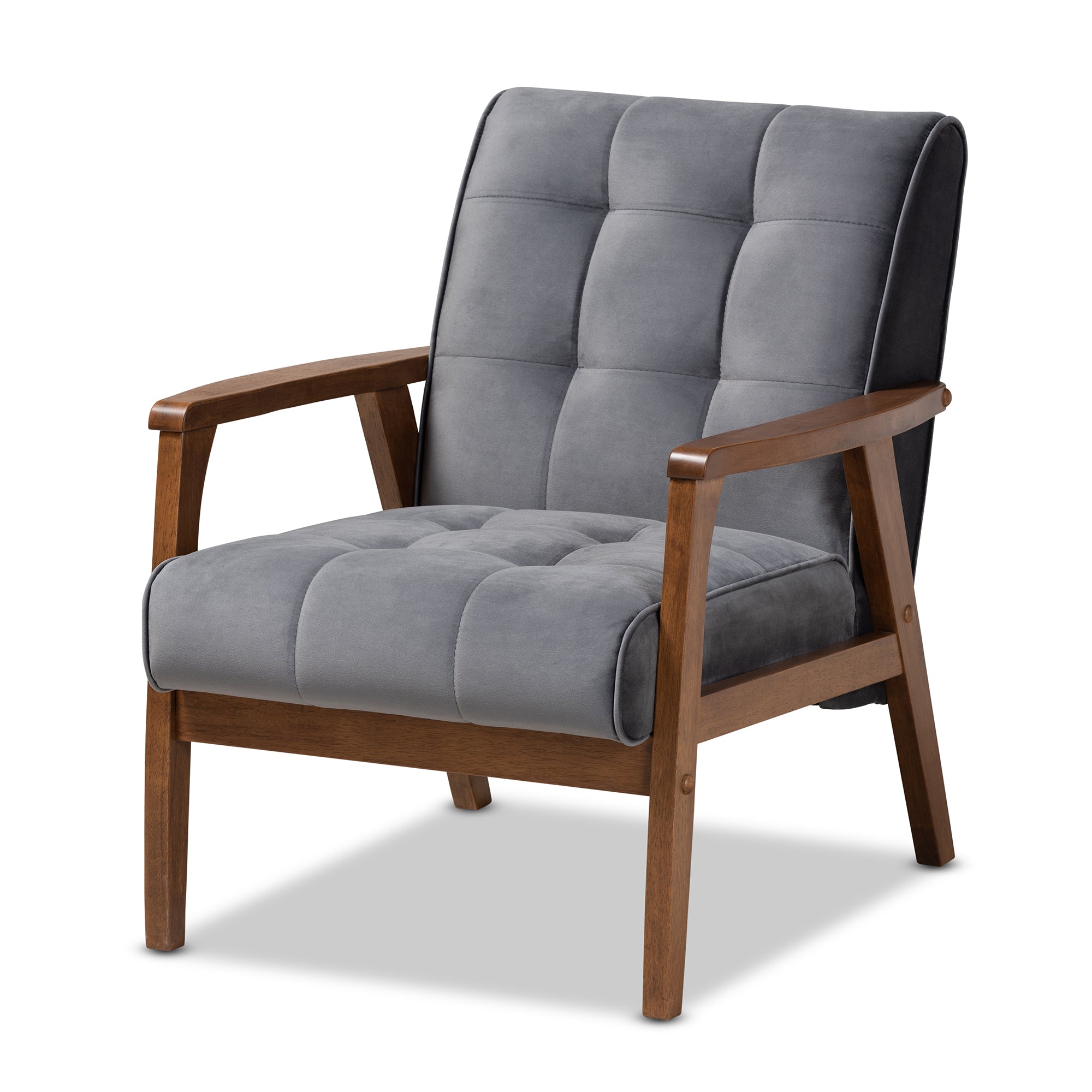 Asta Mid-Century Modern Grey Velvet Fabric Upholstered Walnut Finished Wood Armchair