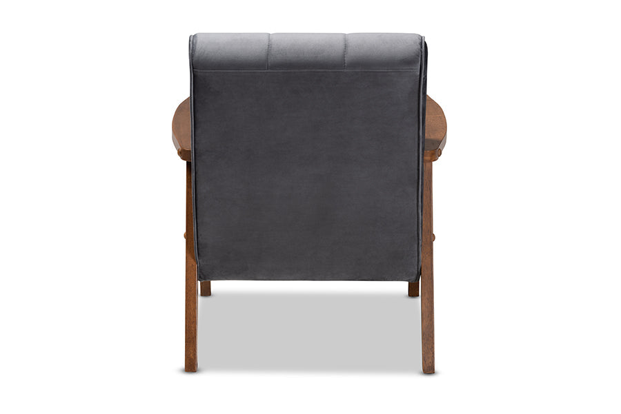 Asta Mid-Century Modern Grey Velvet Fabric Upholstered Walnut Finished Wood Armchair