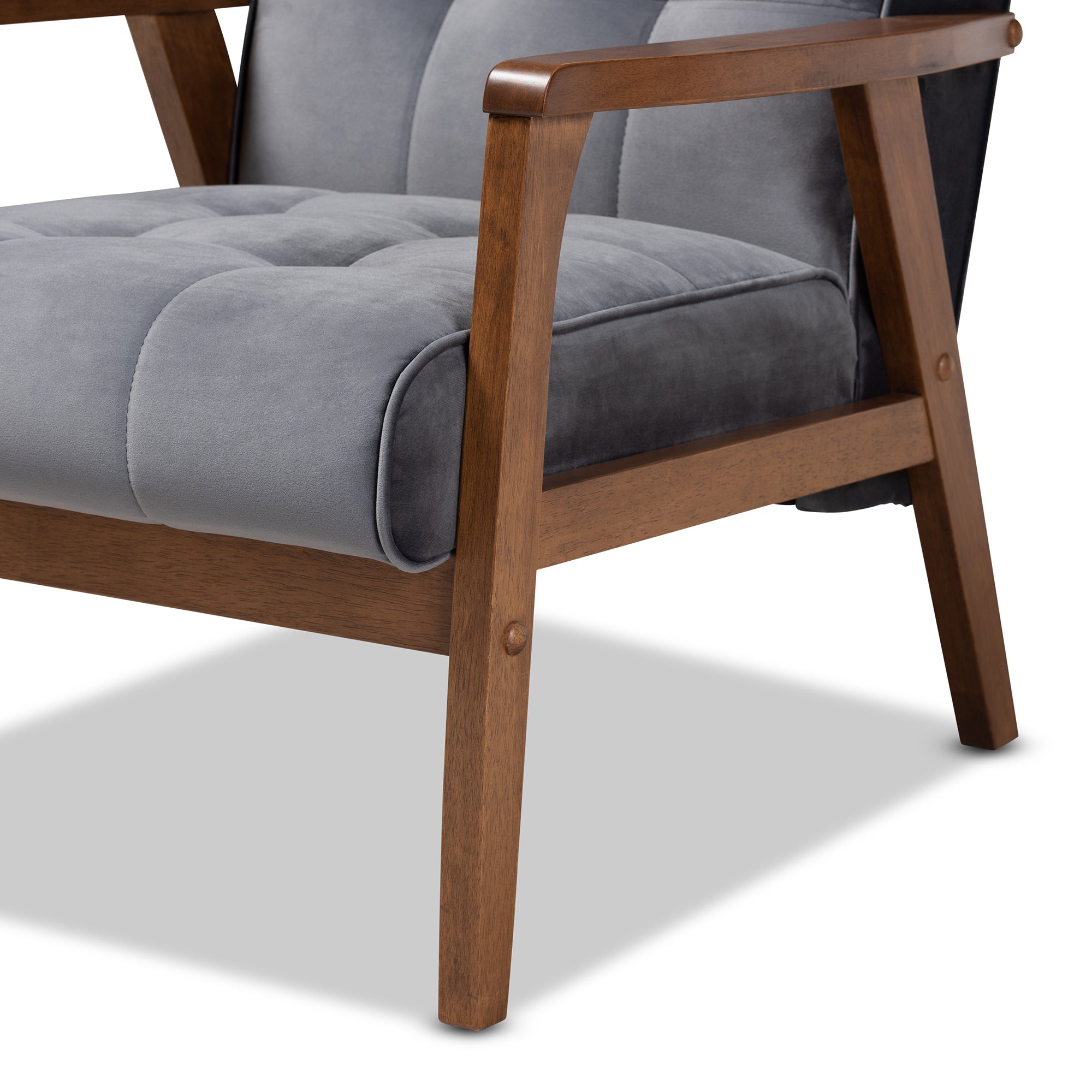 Asta Mid-Century Modern Grey Velvet Fabric Upholstered Walnut Finished Wood Armchair