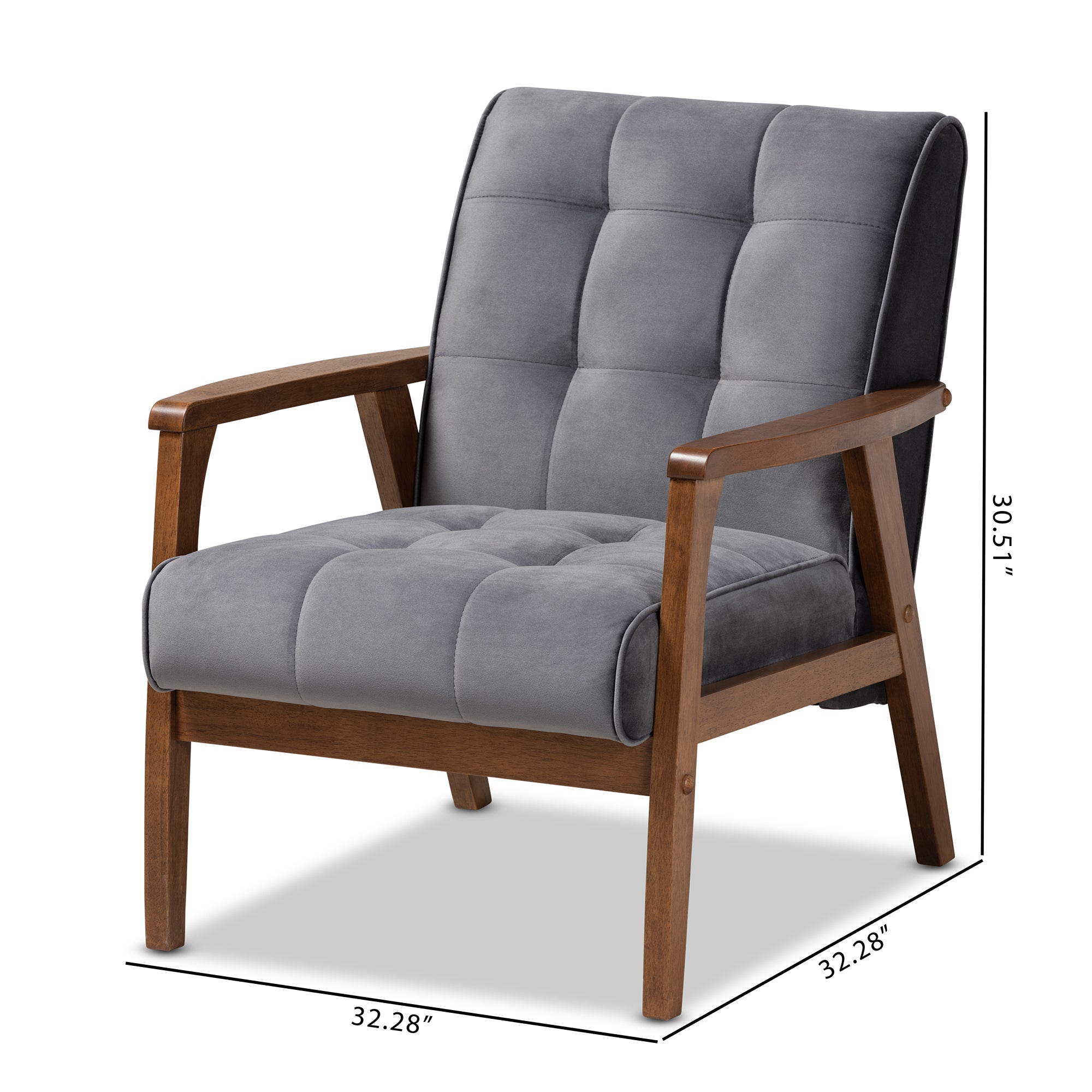 Asta Mid-Century Modern Grey Velvet Fabric Upholstered Walnut Finished Wood Armchair