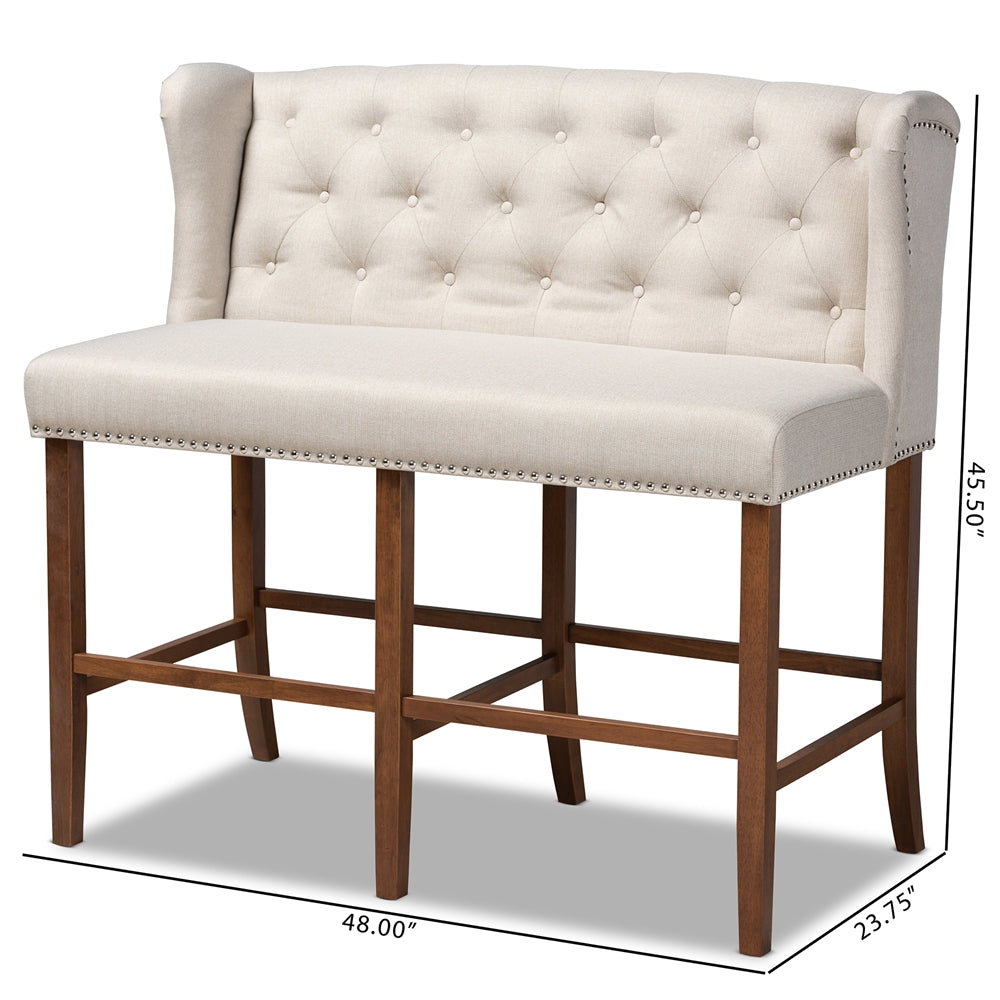 Alira Modern and Contemporary Beige Fabric Upholstered Walnut Finished Wood Button Tufted Bar Stool Bench