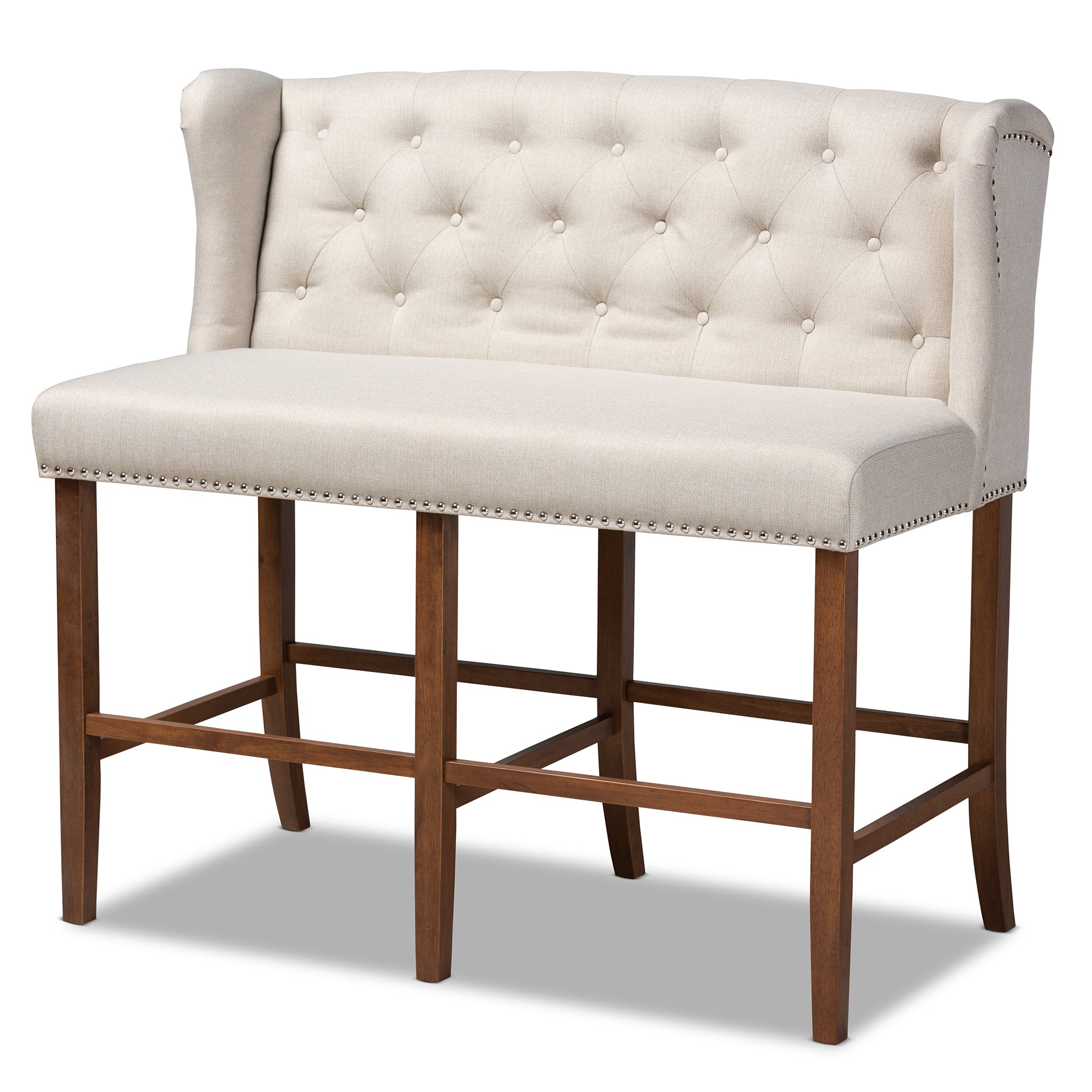 Alira Modern and Contemporary Beige Fabric Upholstered Walnut Finished Wood Button Tufted Bar Stool Bench