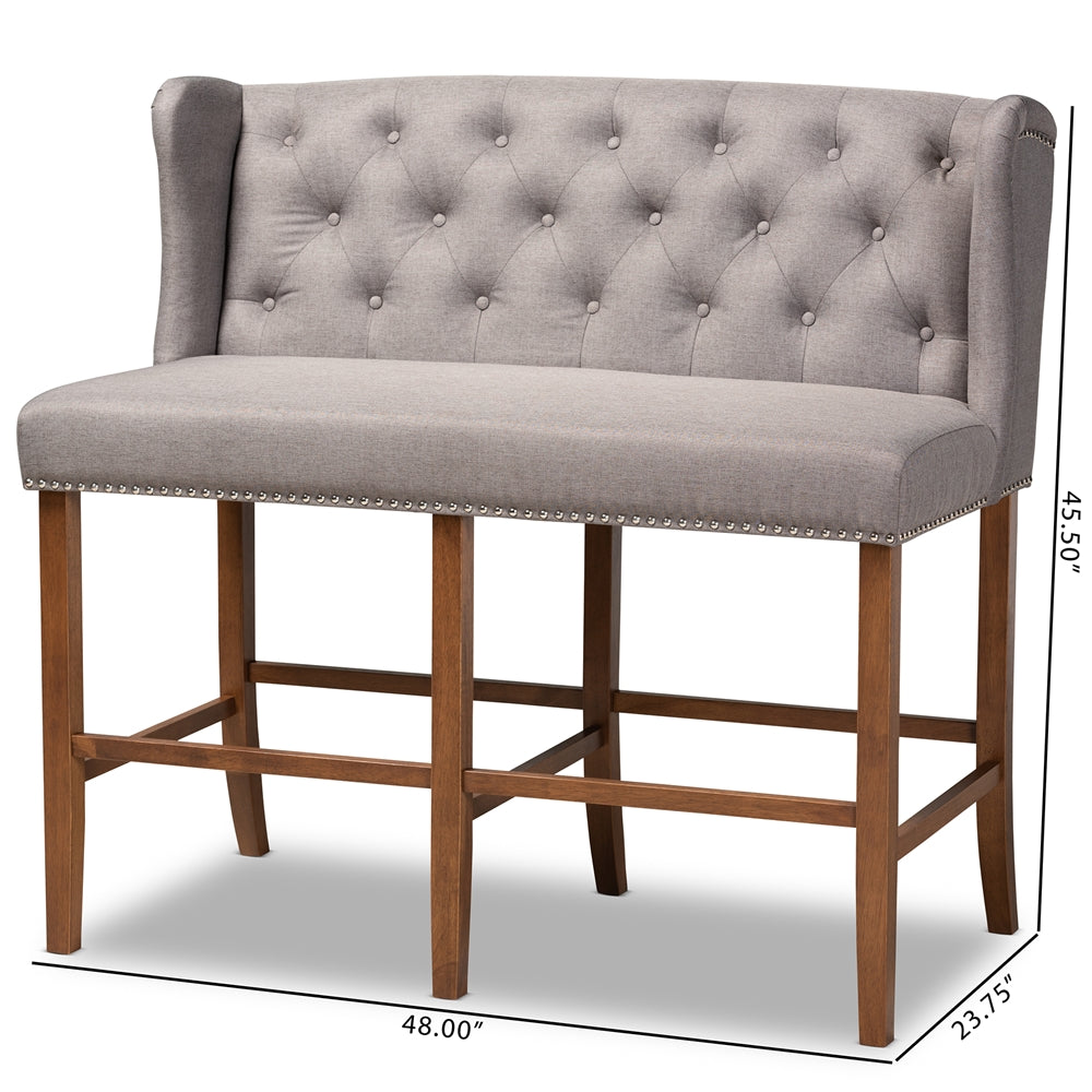 Alira Modern and Contemporary Grey Fabric Upholstered Walnut Finished Wood Button Tufted Bar Stool Bench