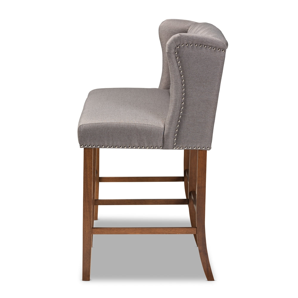 Alira Modern and Contemporary Grey Fabric Upholstered Walnut Finished Wood Button Tufted Bar Stool Bench