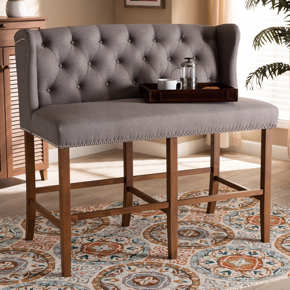 Alira Modern and Contemporary Grey Fabric Upholstered Walnut Finished Wood Button Tufted Bar Stool Bench