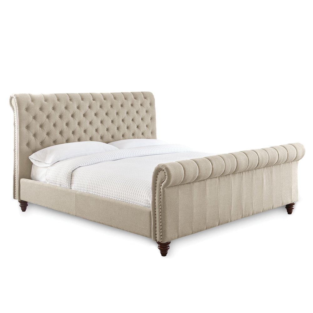 Fuller Swanson King Sand Beige Upholstered Sleigh Bed – Tufted Wingback Headboard