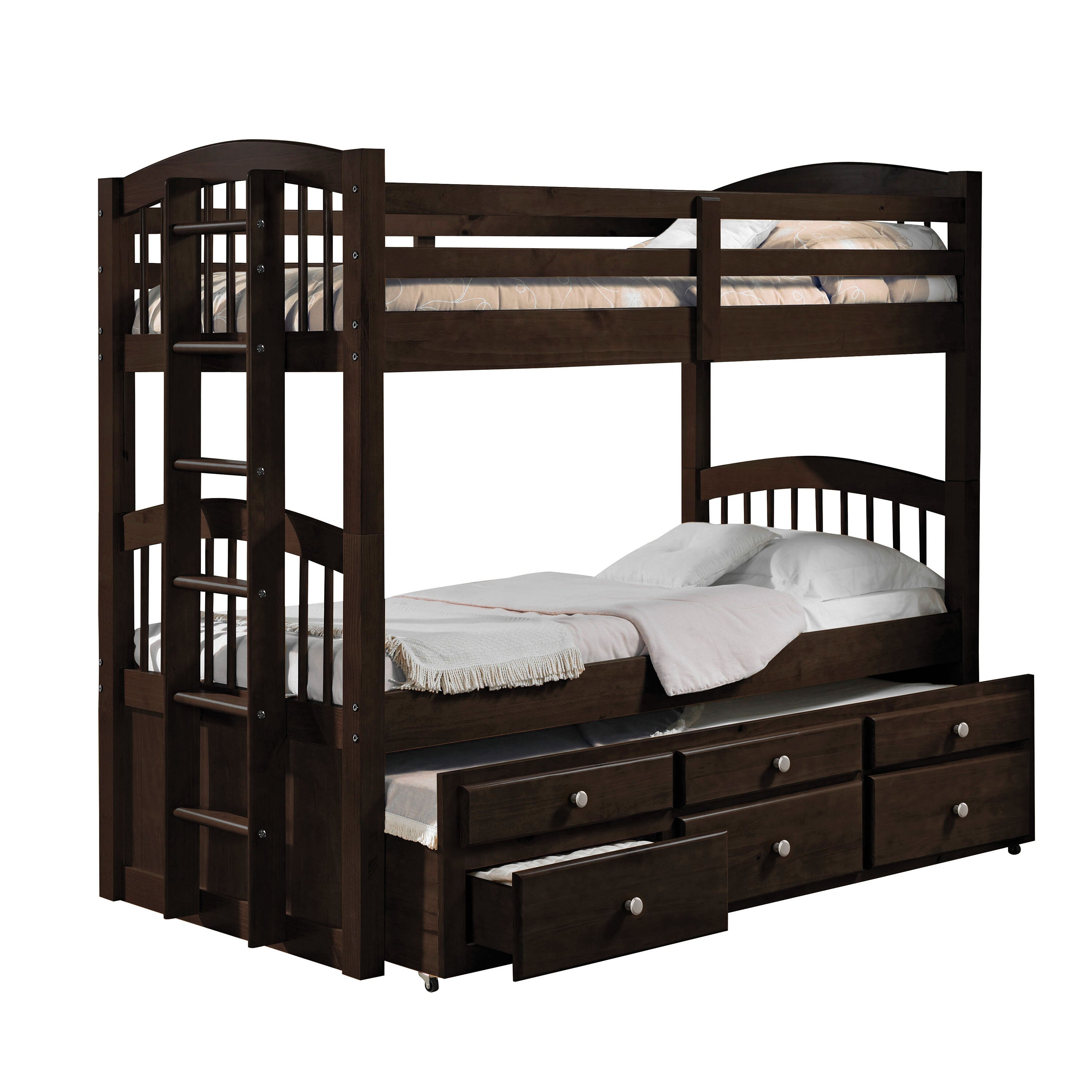 Sauna Micah Twin Over Full Espresso Wood Bunk Bed Transitional Style with 3 Drawers & Ladder