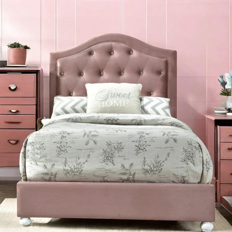 Archi Reggie Collection Twin Pink Fabric Bed – Modern Glam Style with Faux Crystal Trim