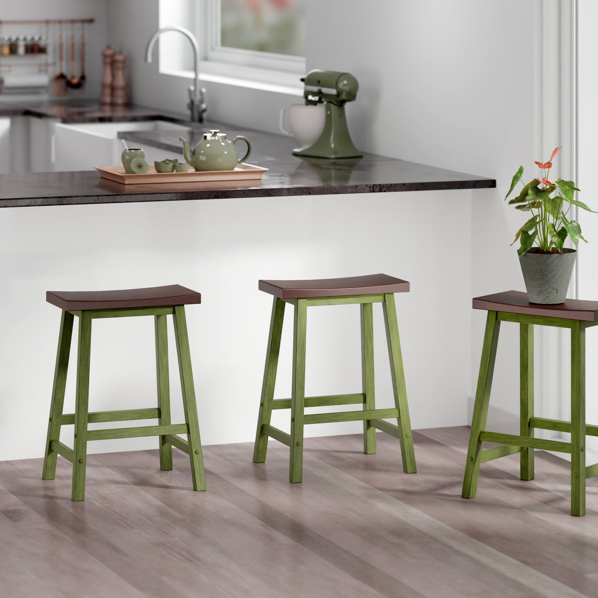 Satori Saddle Seat Counter Stool, Rustic Green and Walnut