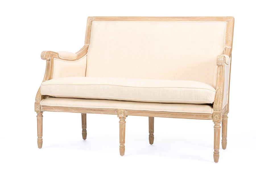 Chavanon Wood & Light Beige Linen Traditional French Loveseat