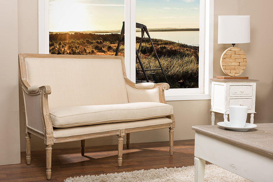 Chavanon Wood & Light Beige Linen Traditional French Loveseat