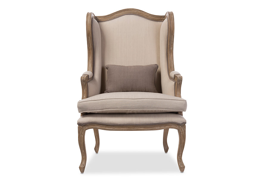 Baxton Studio Oreille French Provincial Style White Wash Distressed Two-tone Beige Upholstered Armchair
