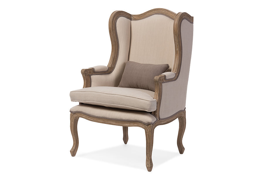 Oreille French Provincial Style White Wash Distressed Two-tone Beige Upholstered Armchair