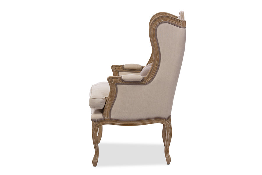 Oreille French Provincial Style White Wash Distressed Two-tone Beige Upholstered Armchair