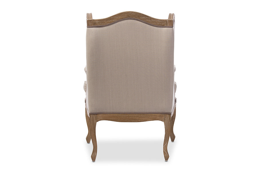 Oreille French Provincial Style White Wash Distressed Two-tone Beige Upholstered Armchair