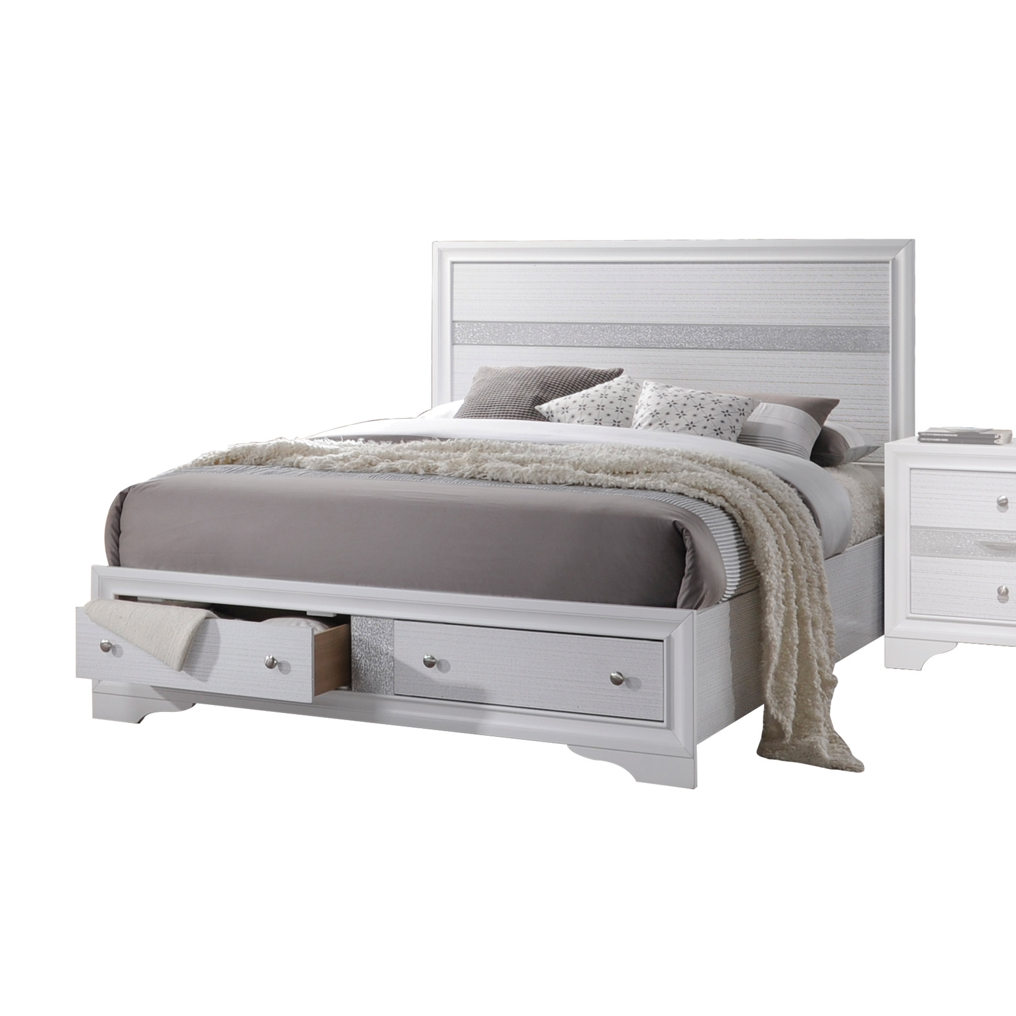 Privy Naima Collection King Bed White – Contemporary Storage Bed with Sleek Design