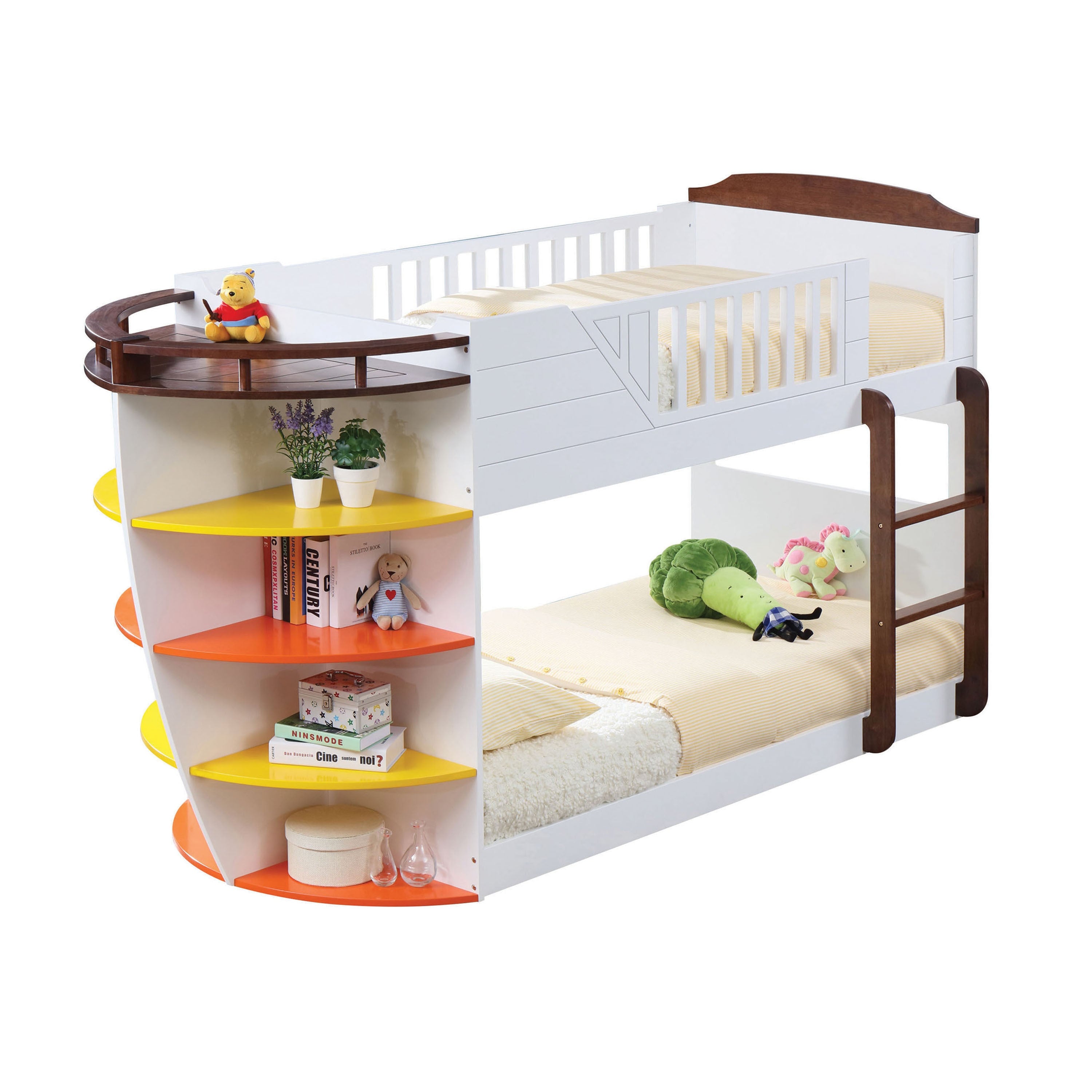 Jha Neptune Twin/Twin White & Chocolate Wooden Bunk Bed – Modern Kids Design with Ladder