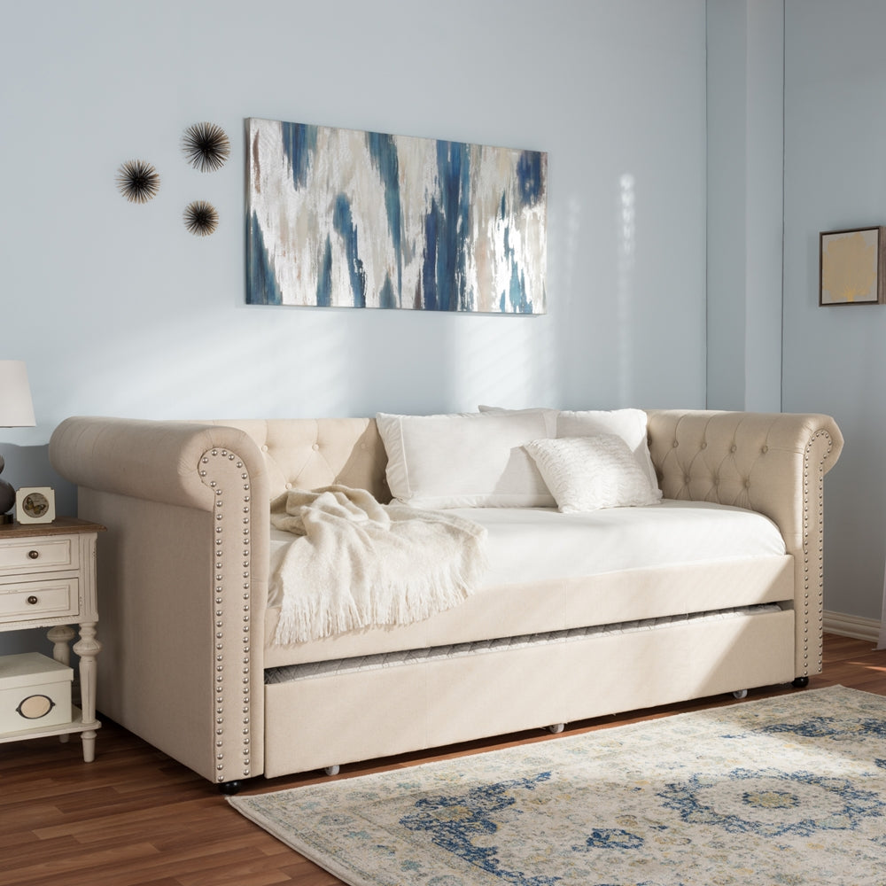 Mabelle Modern and Contemporary Beige Fabric Trundle Daybed