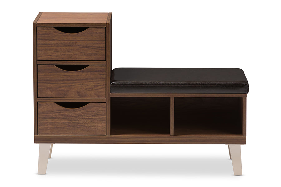 Arielle Modern and Contemporary Walnut Brown Wood 3-Drawer Shoe Storage Padded Leatherette Seating Bench with Two Open Shelves
